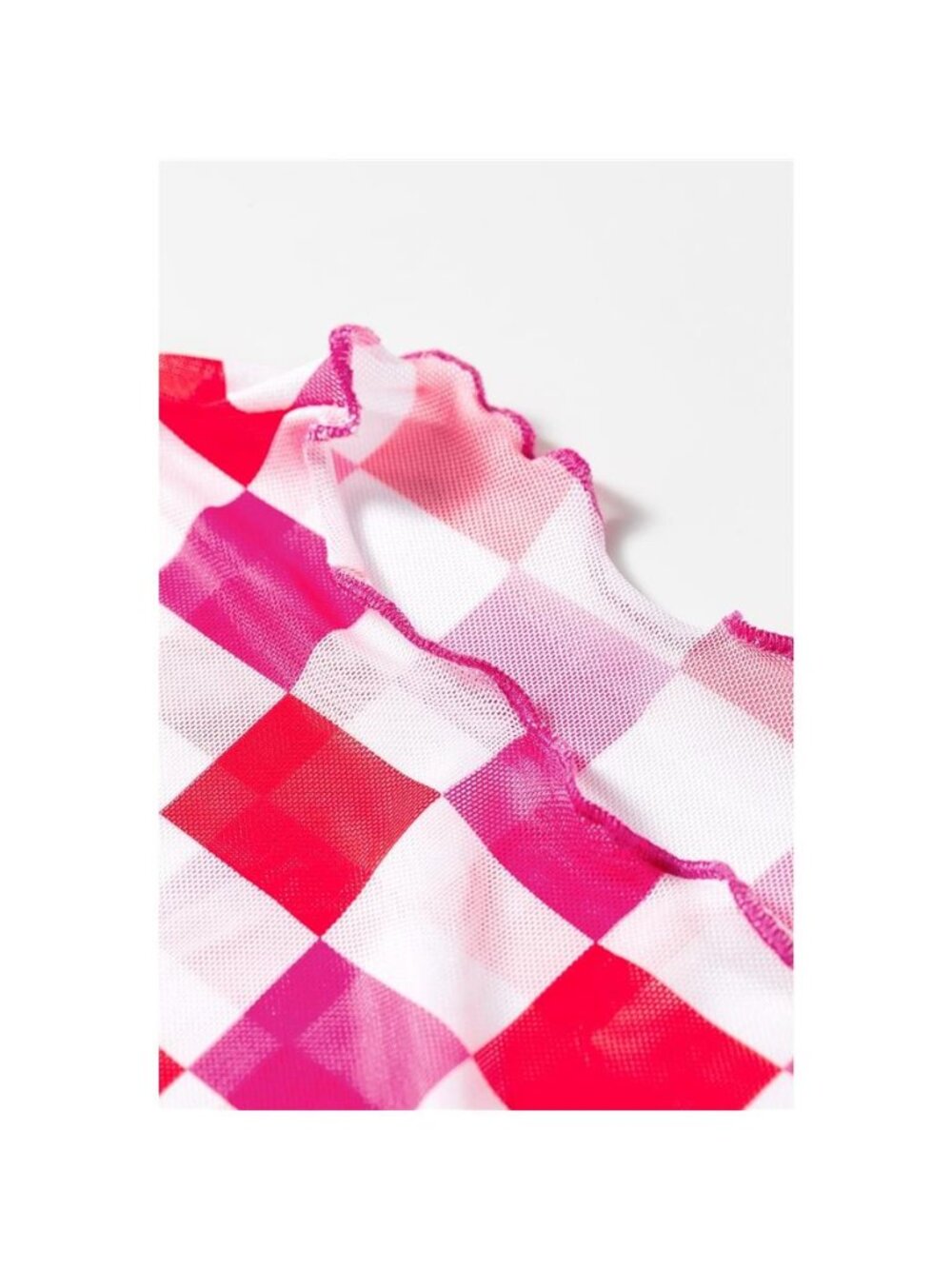 Plaid Heart Mesh Sheer Long Sleeve High Neck Top - Picture 6 of 14